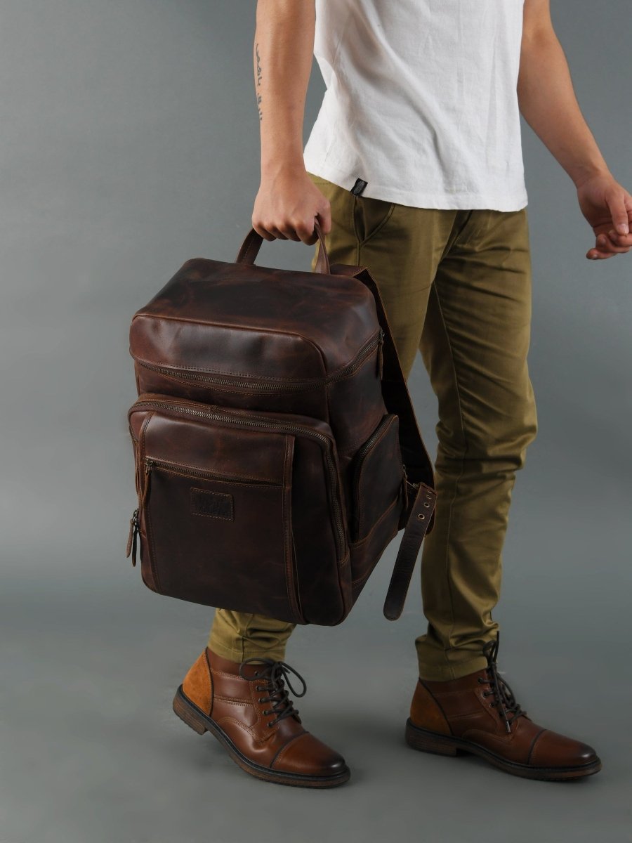 Unique Personalized Alpha Brown Buffalo Leather Travel Backpack Customized Backpacks Gifts for Men by Groovy Guy