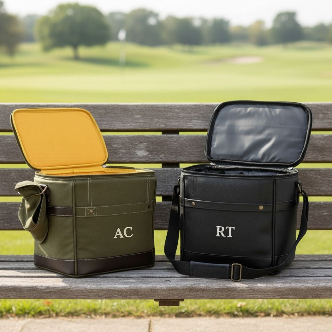 Two monogrammed cooler bags on wooden bench overlooking golf course, one olive with yellow lining embroidered "AC", one black with navy lining embroidered "RT