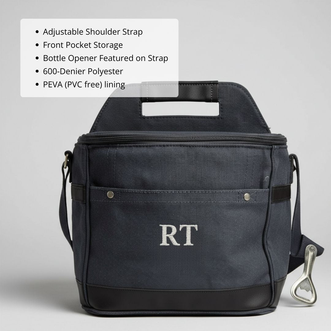 Navy cooler bag with embroidered sample monogram "RT" and attached metal bottle opener on side strap