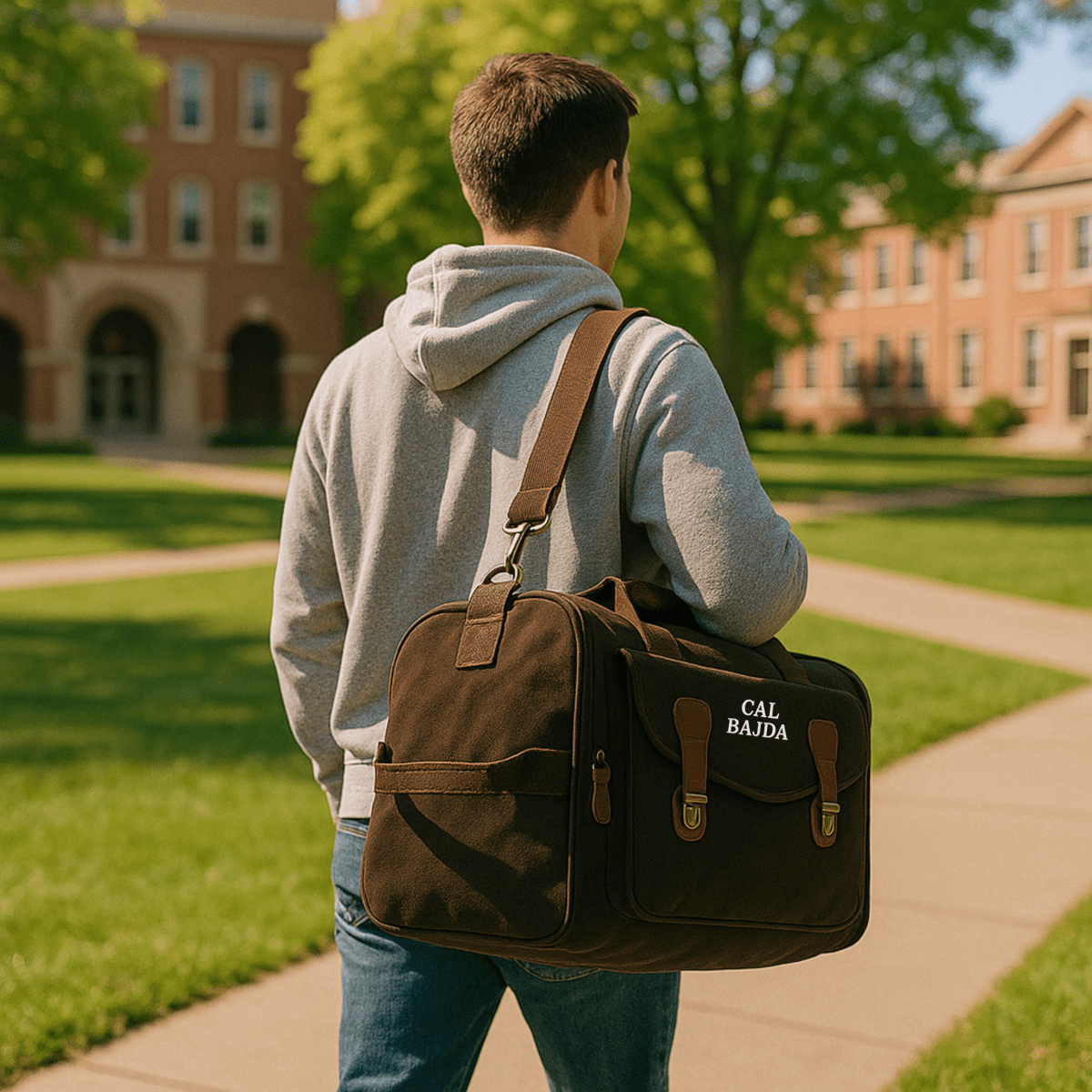 Graduate carrying a brown personalized graduation duffle bag embroidered CAL BAJDA over his shoulder on a college campus walkway.