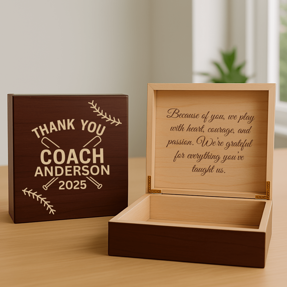 Personalized wooden keepsake box for baseball coach with engraved lid and sentimental message inside