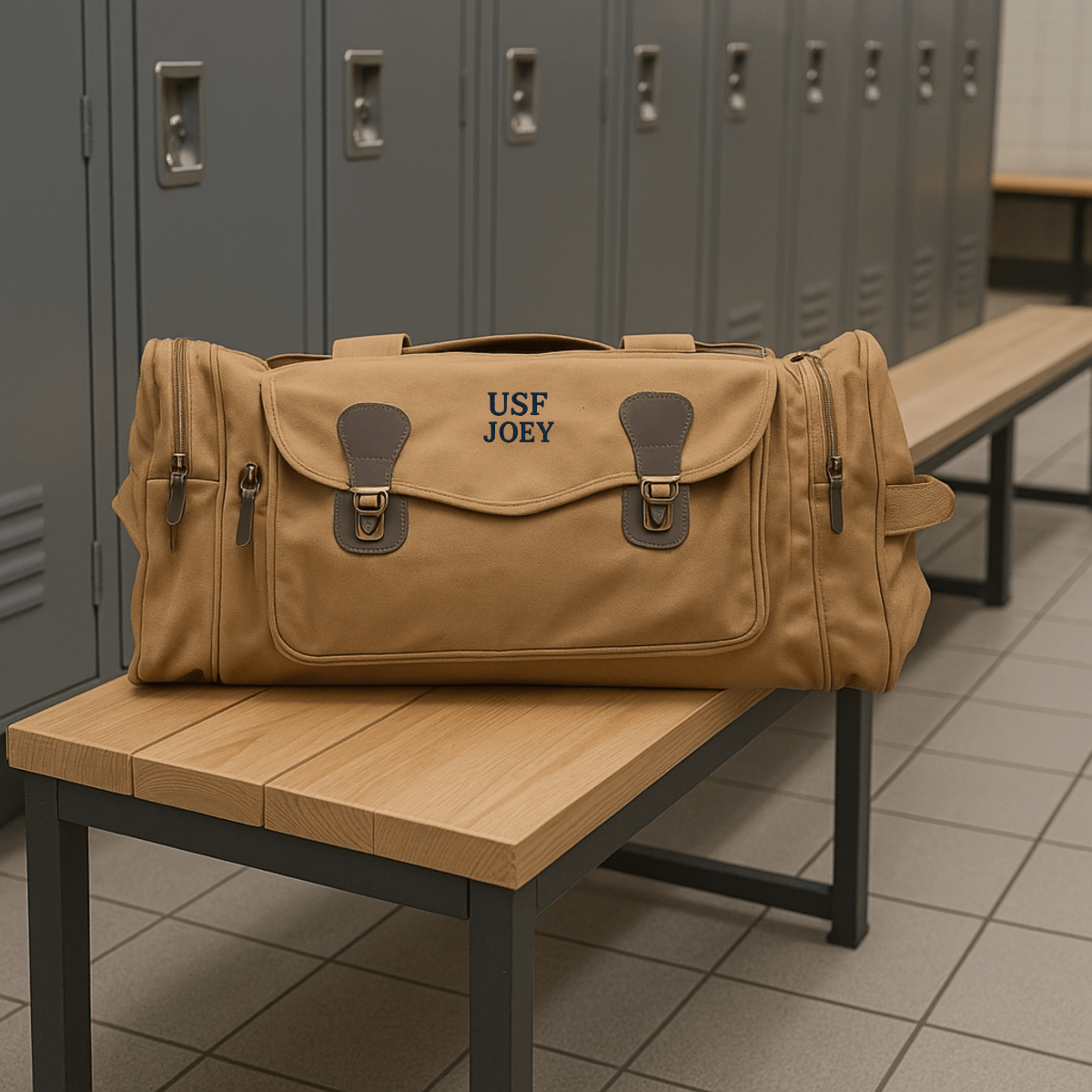Khaki personalized graduation duffle bag embroidered USF JOEY, resting on a locker room bench in front of grey lockers.
