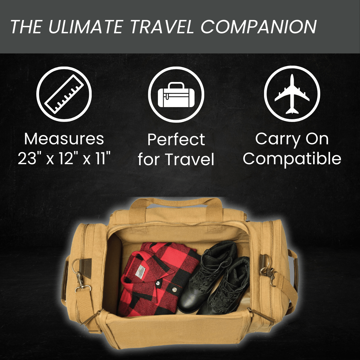 Tan canvas duffel bag with open main compartment displaying packed contents including red plaid shirt and black boots, with icons above showing dimensions, travel suitability, and carry-on compatibility.
