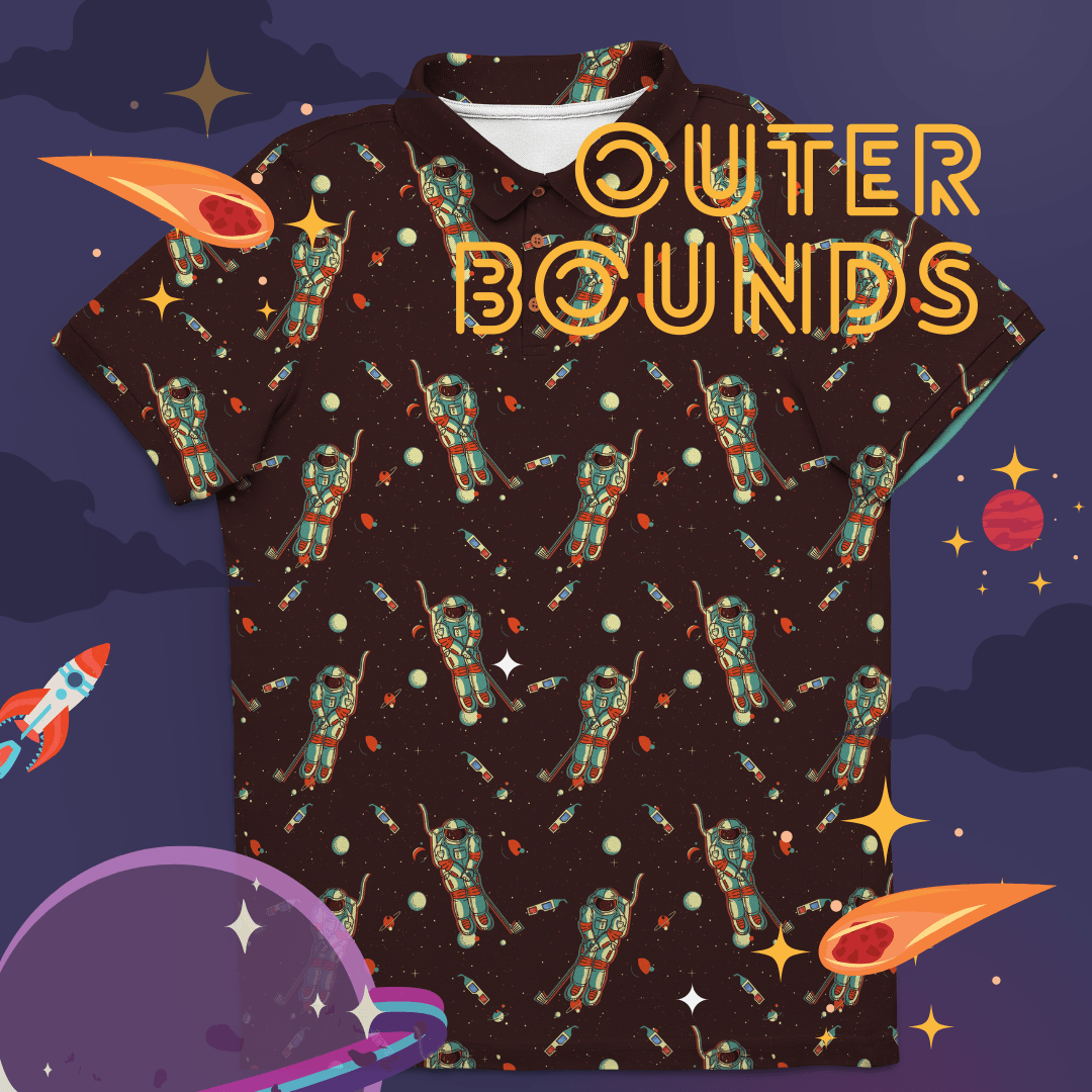 Unique Personalized Outer Bounds | Space Astronaut Retro Golf Polo for Men Customized Men's Golf Polo Gifts for Men by Groovy Guy