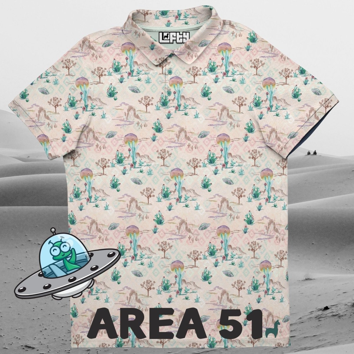 Unique Personalized Area 51 Front Nine | Watercolor/Desert Golf Polo for Men Customized Men's Golf Polo Gifts for Men by Groovy Guy