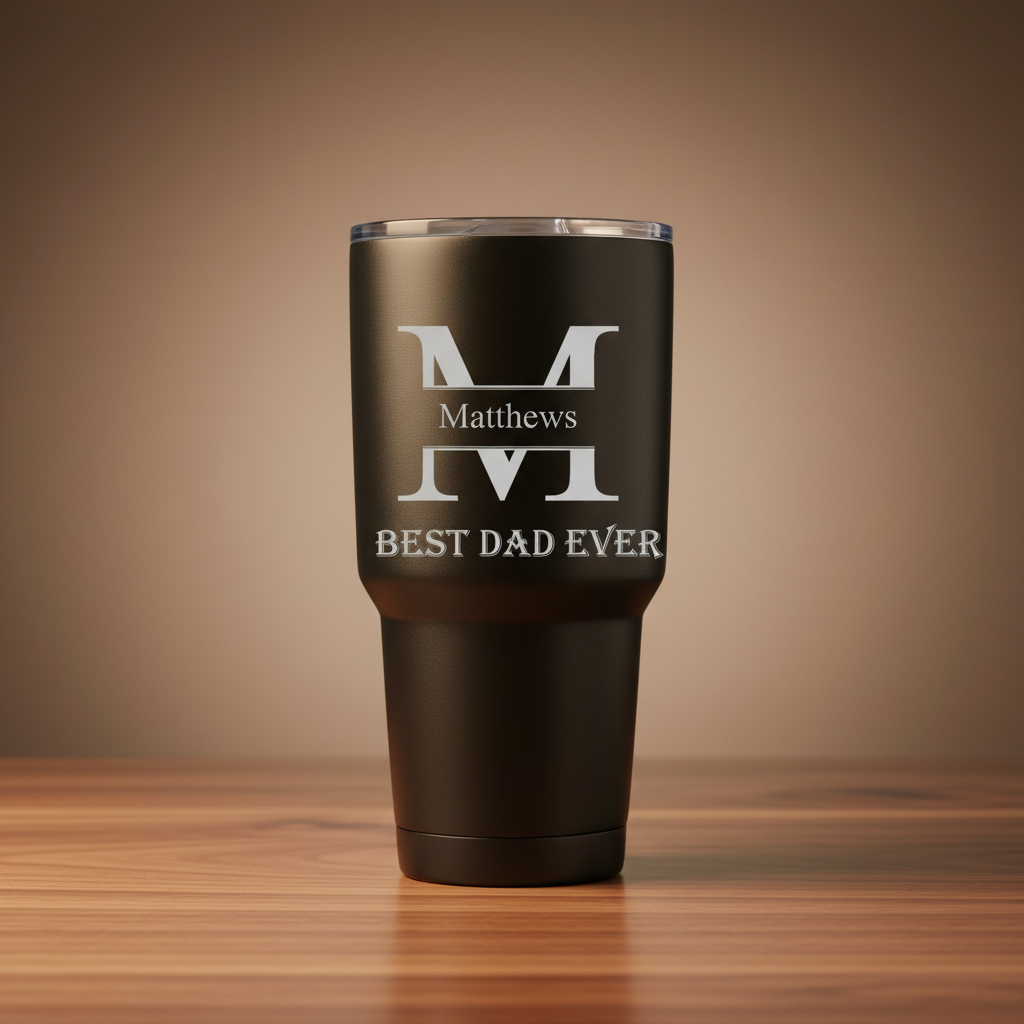 Black matte 30 oz insulated tumbler laser-engraved with sample monogram "M", name "Matthews", and text "BEST DAD EVER