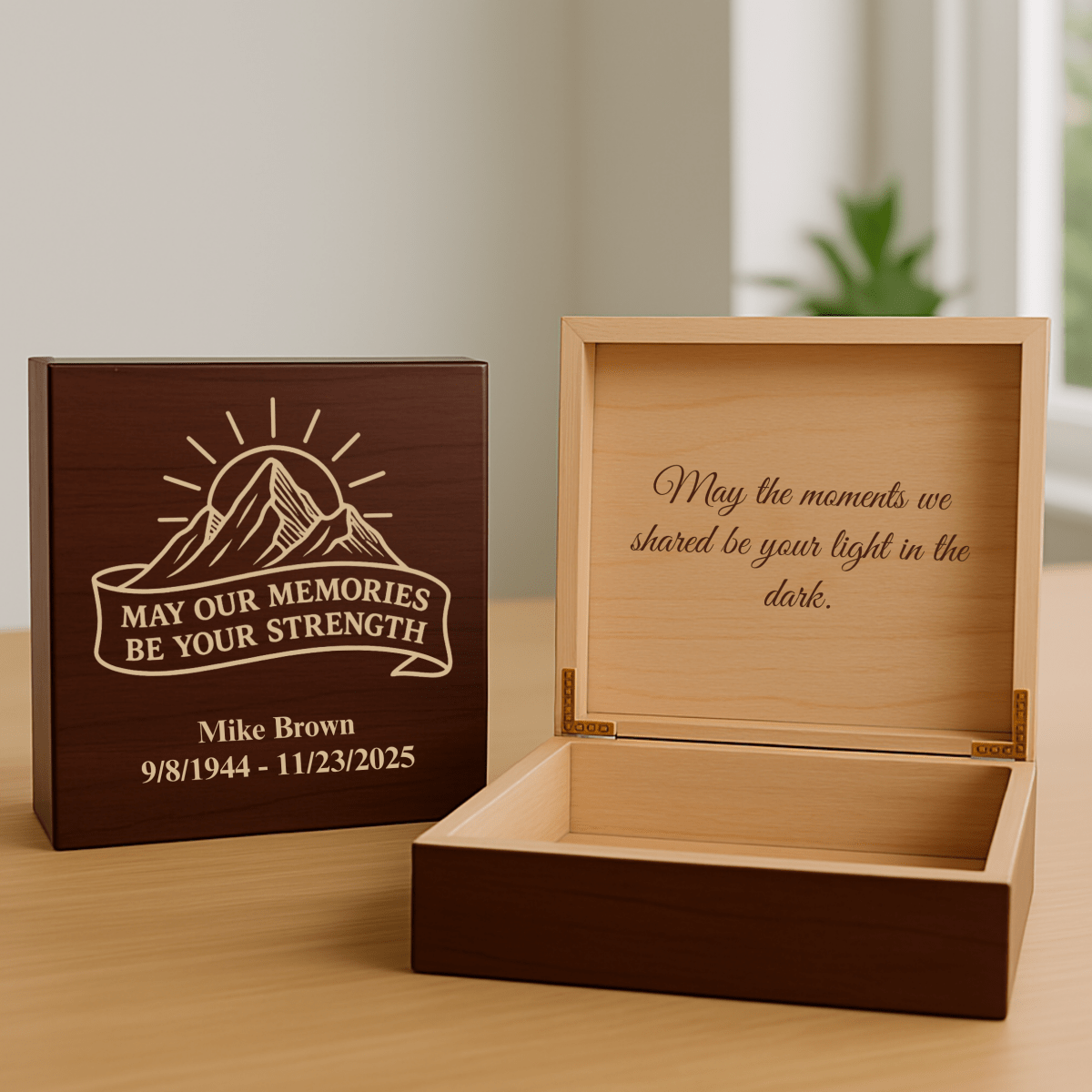 Personalized Forever in My Heart Keepsake Box with engraved mountain design and memorial quote