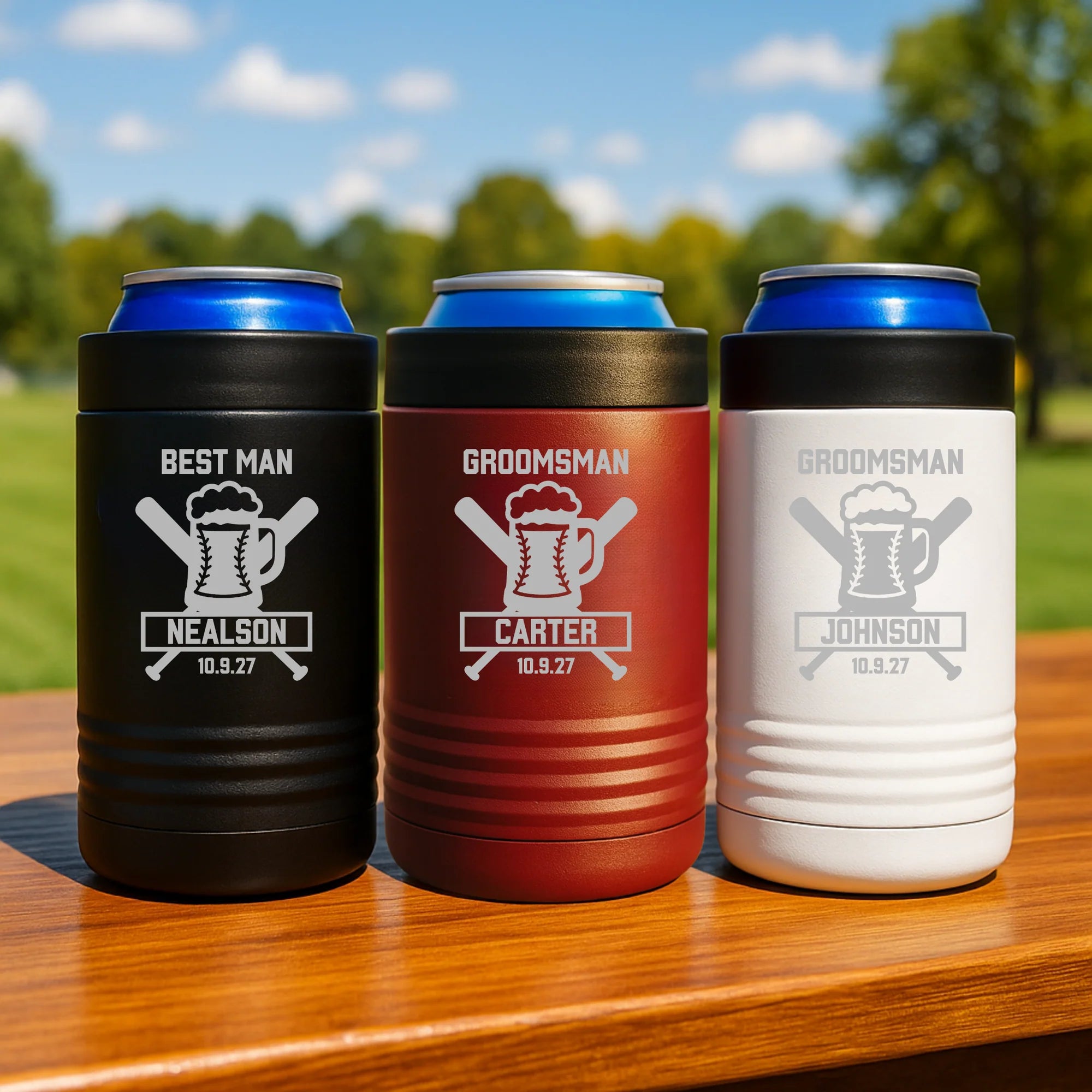 Custom stainless steel can cooler with engraved name, role, and wedding date for groomsmen gift