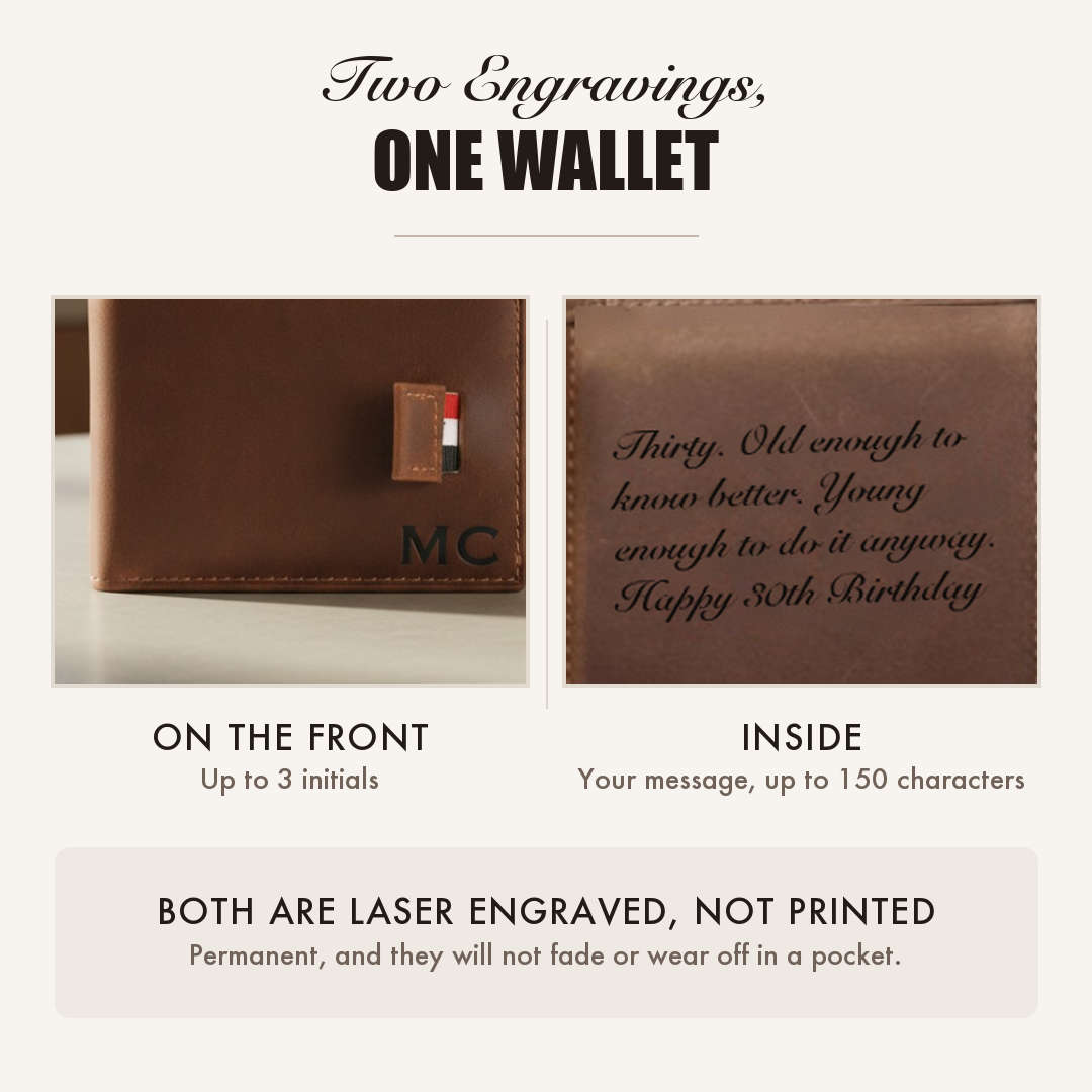 Side by side view of the two engraving areas on the 30th birthday leather wallet, initials on the front and a custom message inside.
