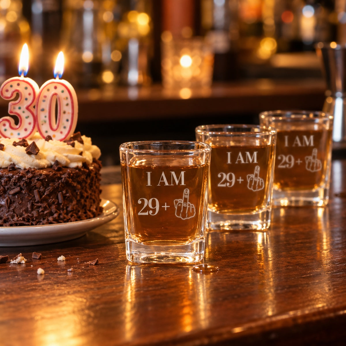 Three 30th birthday shot glasses engraved I AM 29 plus lined up on a bar beside a birthday cake with lit 30 candles