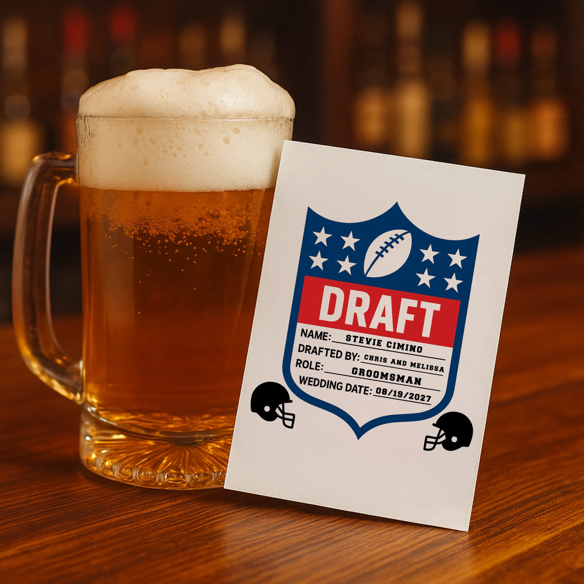 Custom football draft-style groomsmen proposal card with engraved beer mug gift set