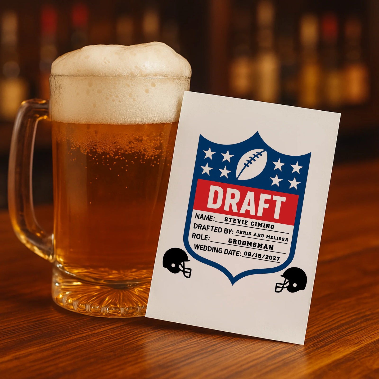 Custom football draft-style groomsmen proposal card with engraved beer mug gift set