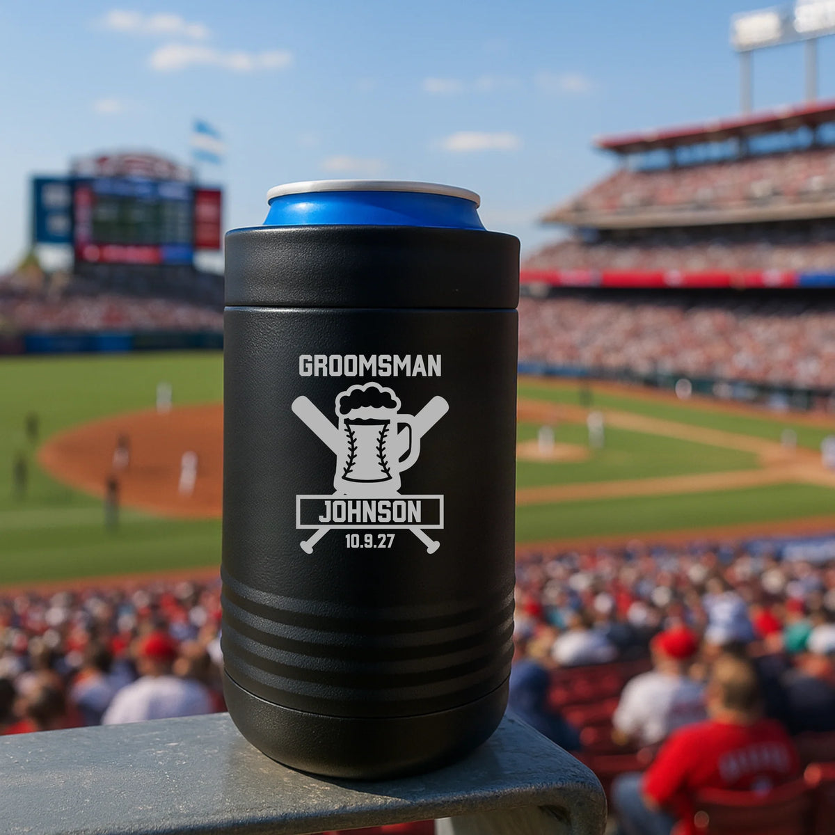 Custom stainless steel can cooler with engraved name, role, and wedding date for groomsmen gift