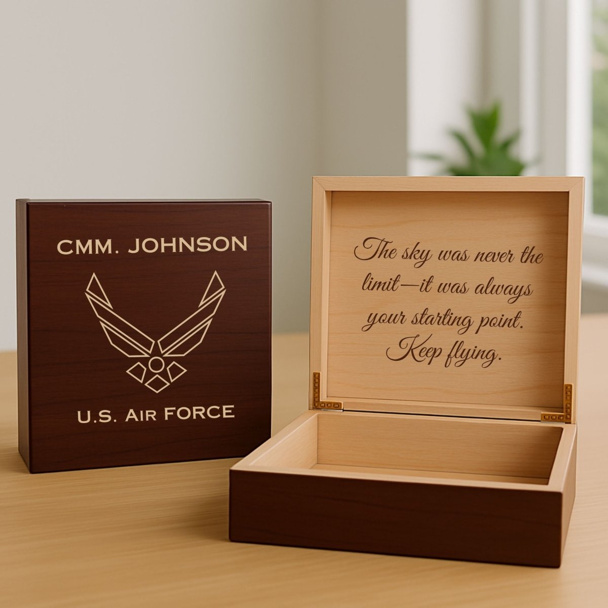Custom engraved Air Force keepsake box with name, rank, and message