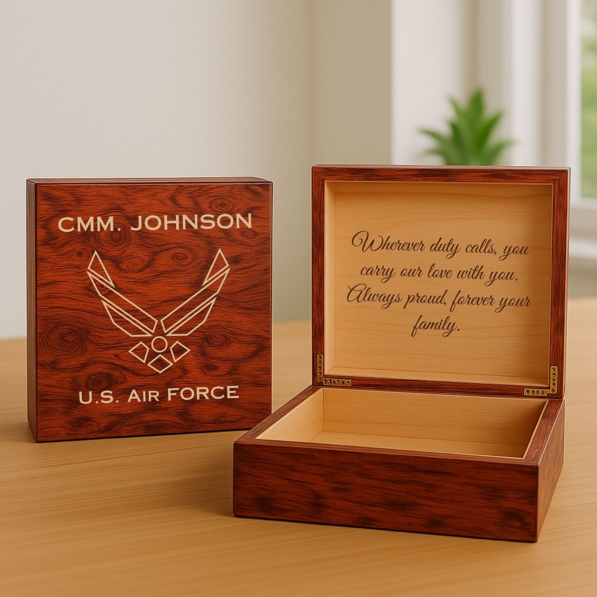Custom engraved Air Force keepsake box with name, rank, and message