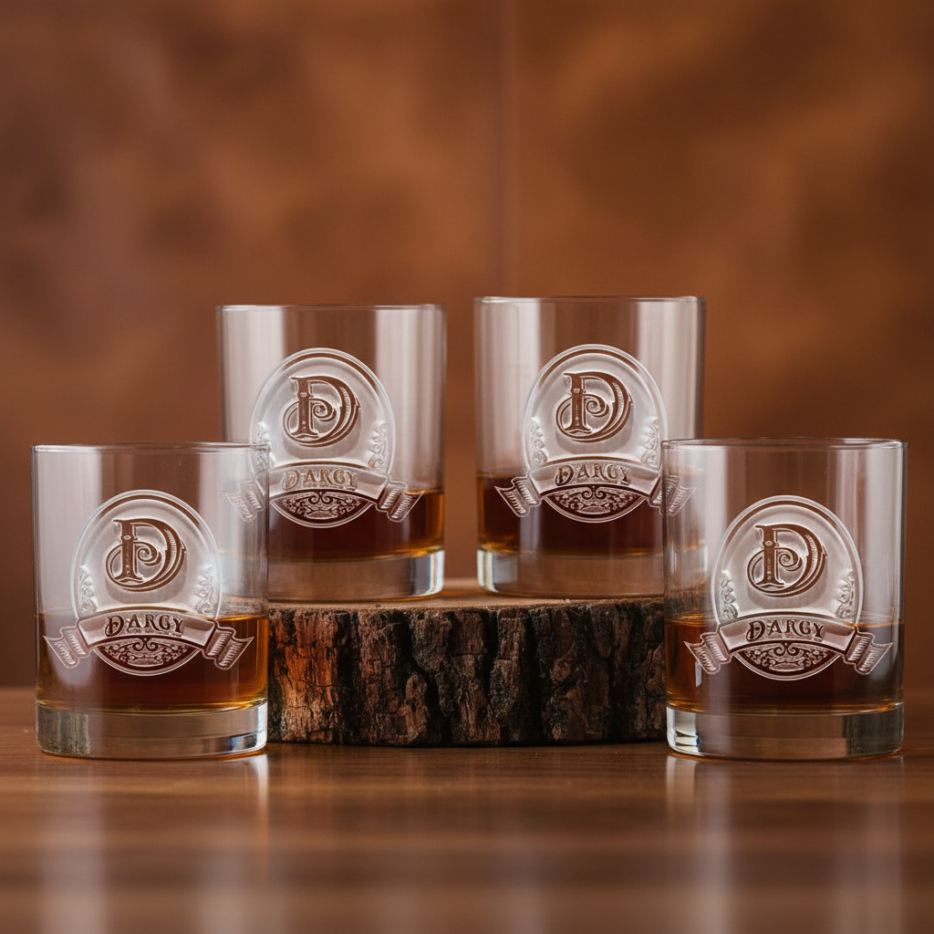 Highland Monogram personalized bourbon glass set of four with sand-carved monogram