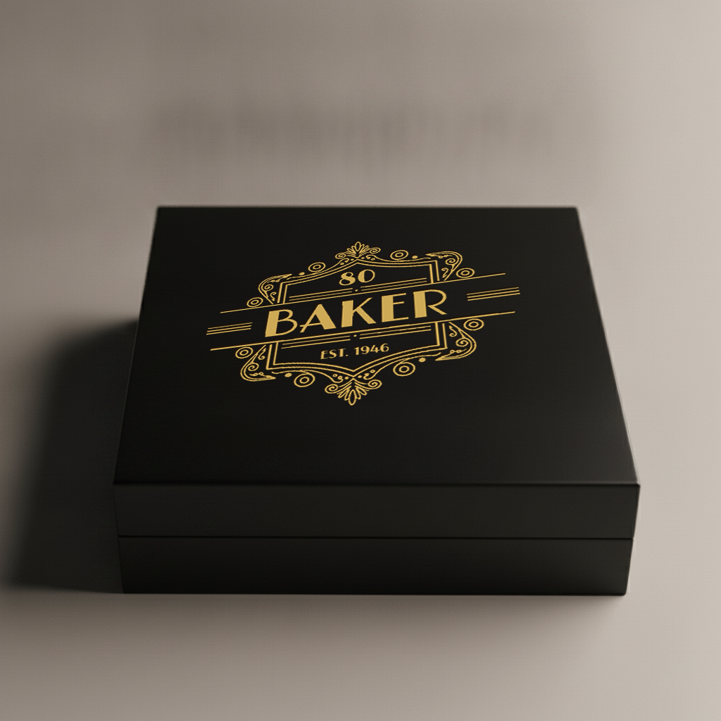 Personalized 80th birthday keepsake box in matte black wood with a gold engraved art-deco crest