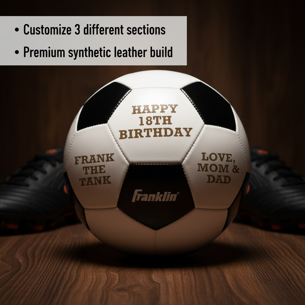 Soccer ball with sample personalization showing "Happy 18th Birthday" on center panel, "Frank The Tank" on left panel, and "Love, Mom & Dad" on right panel, with synthetic leather construction and black/white panels
