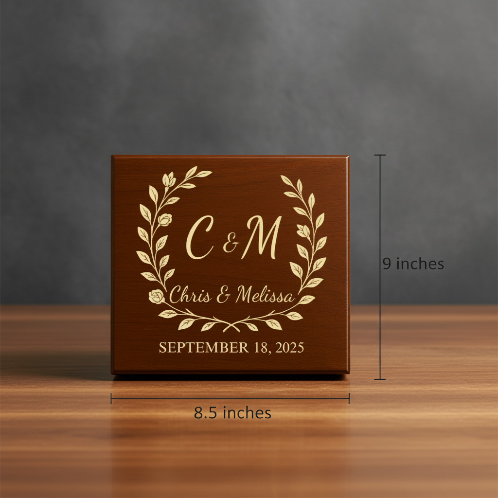 Mahogany wooden keepsake box with gold laser-engraved monogram "C&M", full names "Chris & Melissa", and date "September 18, 2025" surrounded by decorative floral wreath design