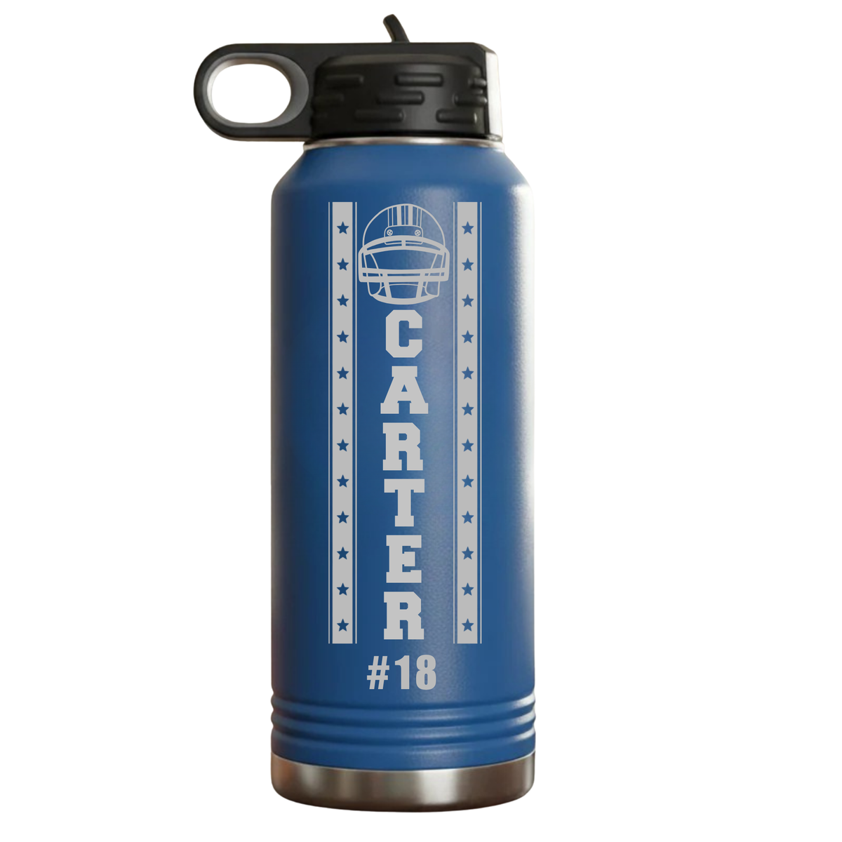 Royal blue personalized football player water bottle engraved with a football helmet, the player name Carter, and jersey number 18, 32oz insulated stainless steel.