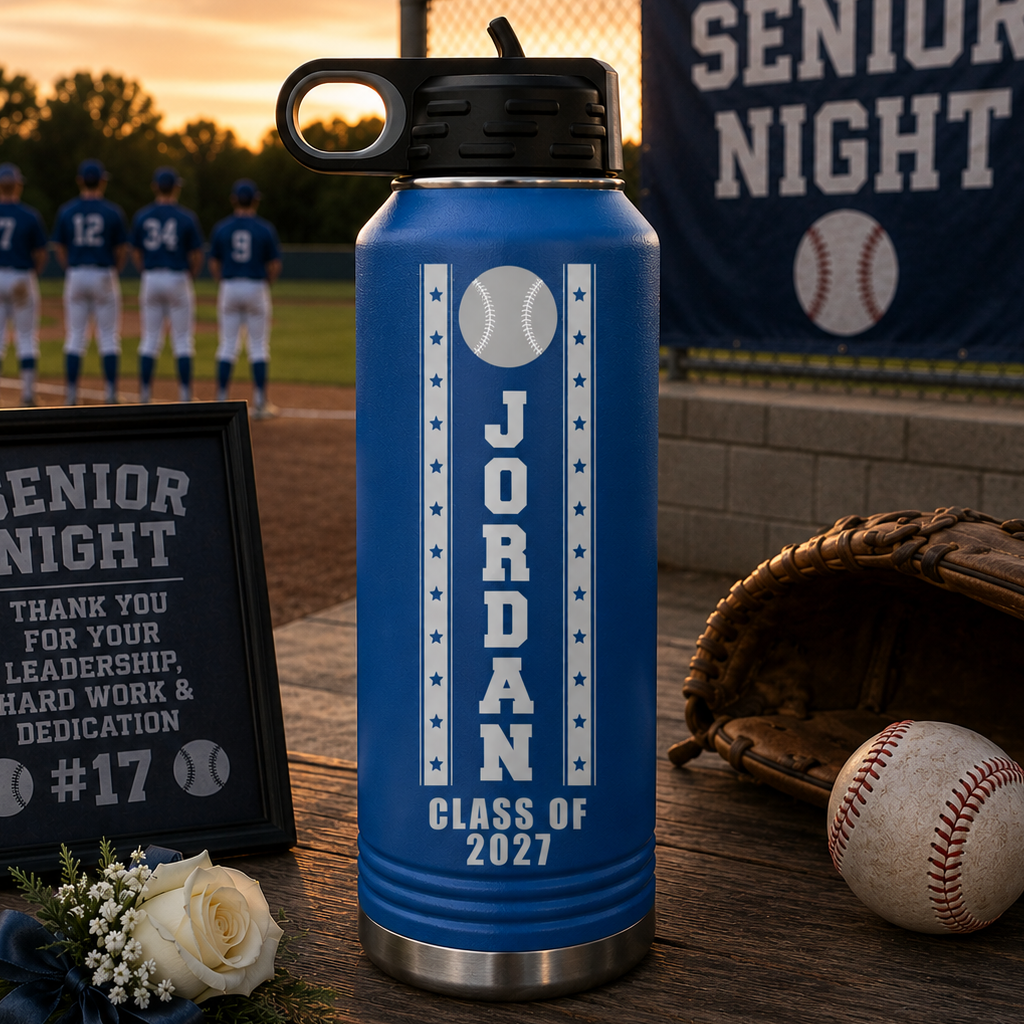 Blue insulated water bottle with sample personalization reading "JORDAN CLASS OF 2027" and baseball design, displayed on baseball field with glove and ball.