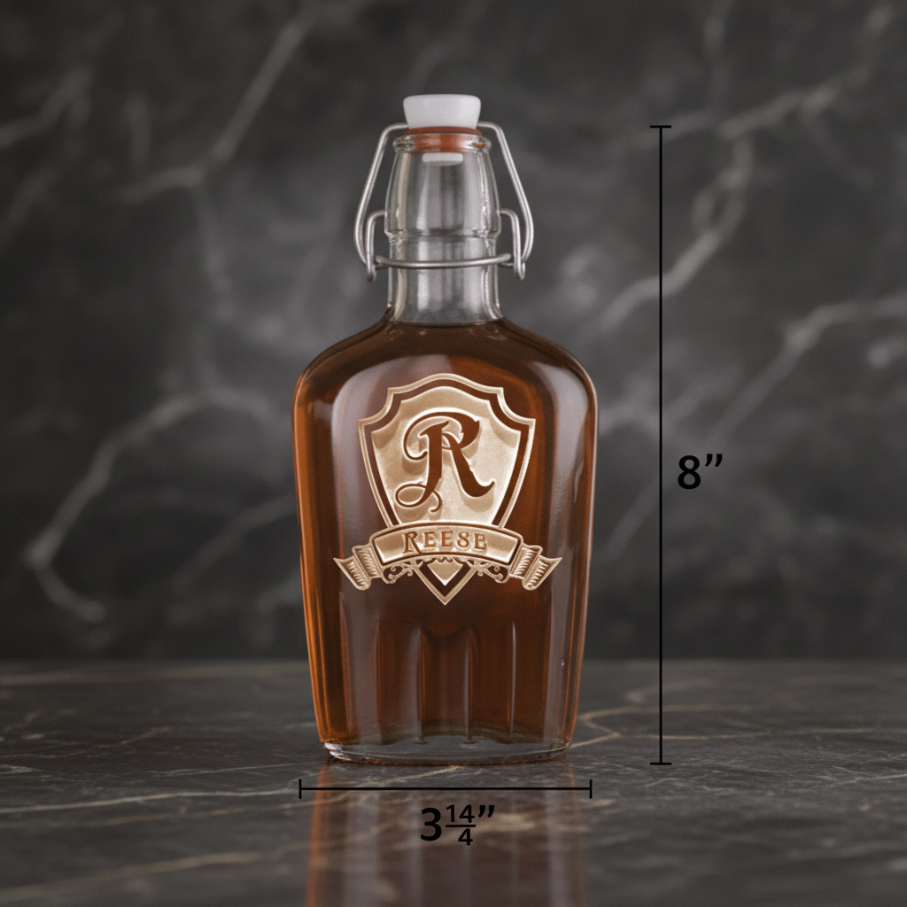 Amber glass flask with swing-top closure, engraved with sample shield crest design featuring "REESE" name banner, shown with 8" height and 3.25" width dimensions