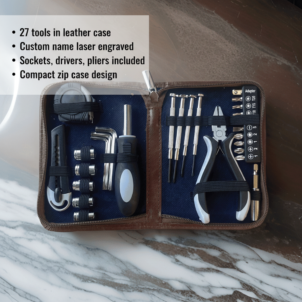 Brown leather zippered tool case opened flat, displaying 27 tools including sockets, screwdrivers, pliers, hex keys, and tape measure organized on navy blue interior with sample engraving area on exterior