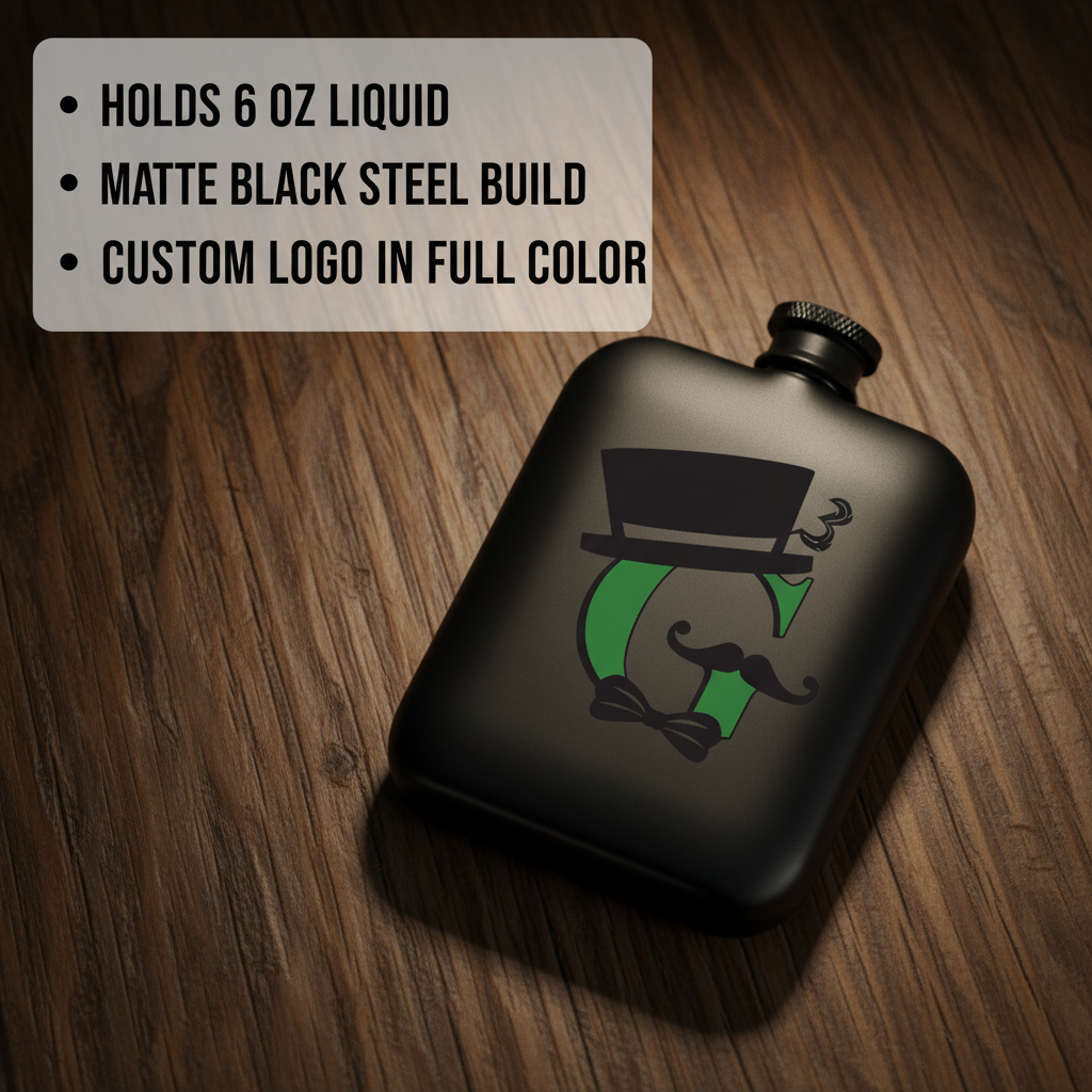 Matte black steel flask with sample full-color logo featuring top hat, mustache, and green accents on wooden surface