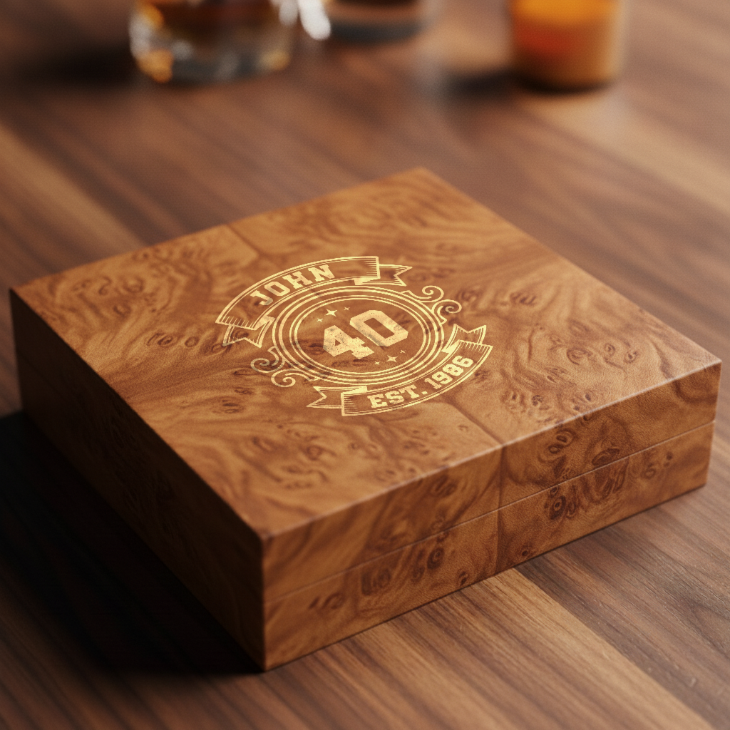 Personalized 40th birthday keepsake box in figured burl wood with a pale gold engraved crest showing a name, the number 40 and the birth year, on a warm wood table