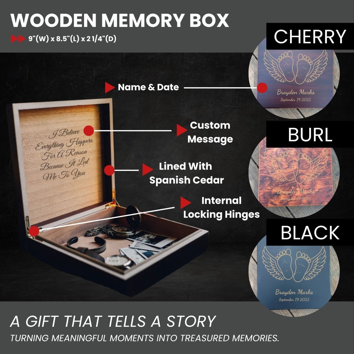 Wooden miscarriage memory box with engraved baby name and heartfelt message