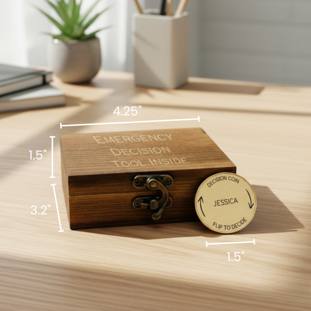 Wooden box with engraved text "EMERGENCY DECISION TOOL INSIDE" and brass decision coin personalized with sample name "JESSICA" and "FLIP TO DECIDE" instruction, shown with dimensions.
