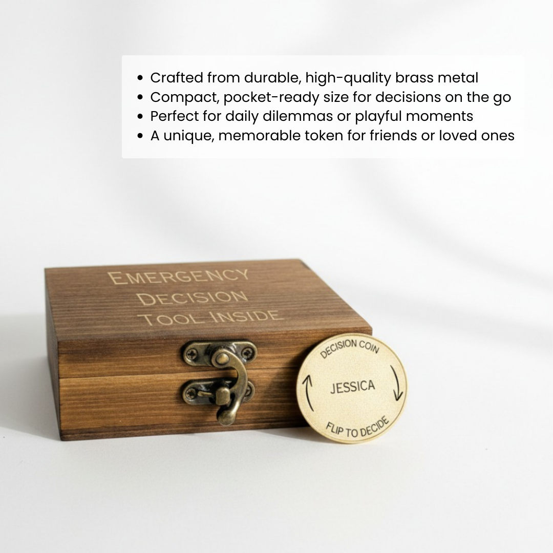 Brass decision coin engraved with sample name "JESSICA" displayed alongside wooden storage box laser-engraved "EMERGENCY DECISION TOOL INSIDE" with brass clasp