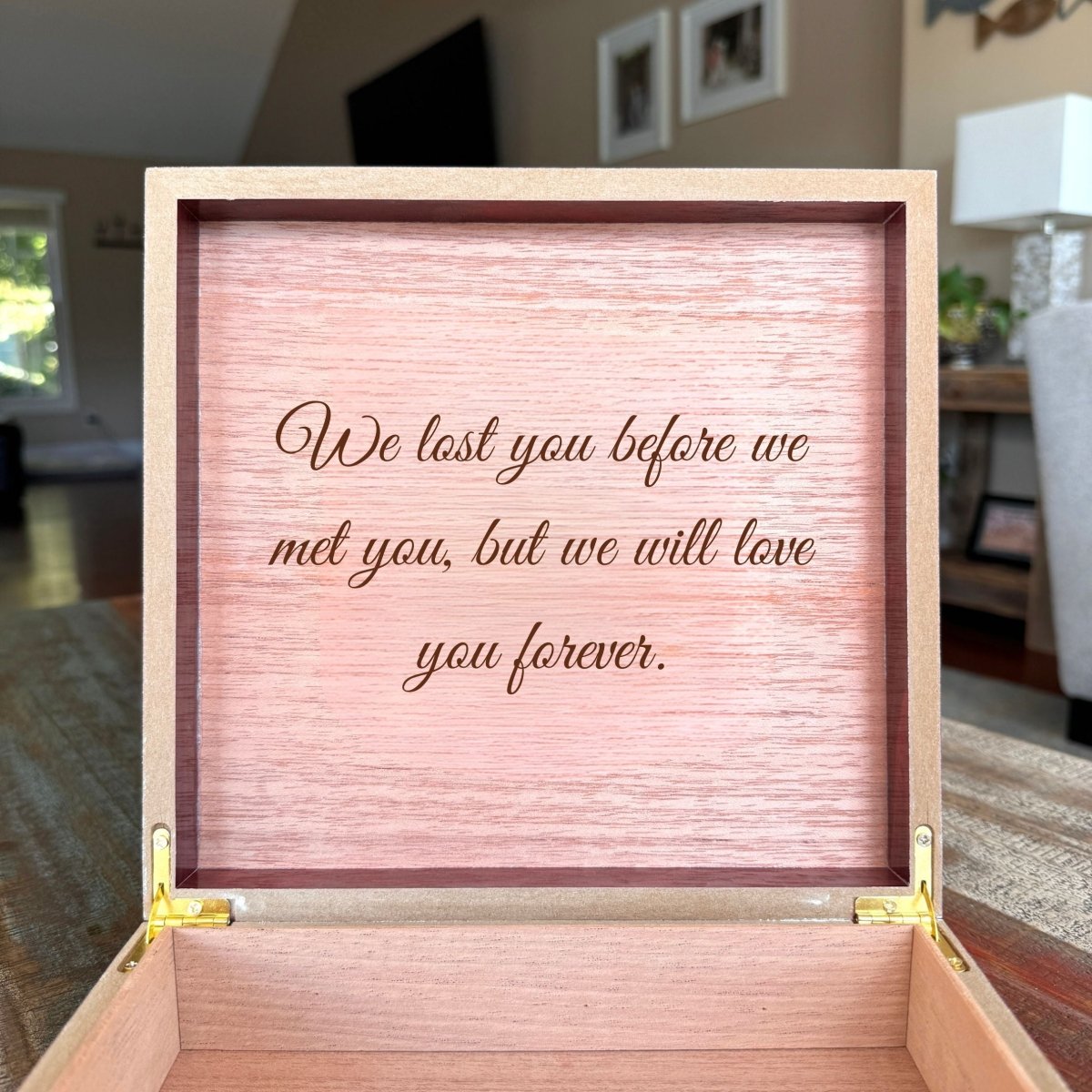 Wooden miscarriage memory box with engraved baby name and heartfelt message