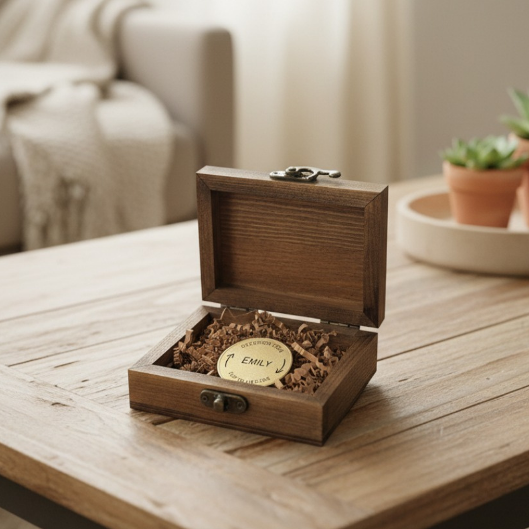 Dark wood box open to reveal personalized brass coin with sample engraving "EMILY" and shredded kraft paper cushioning inside