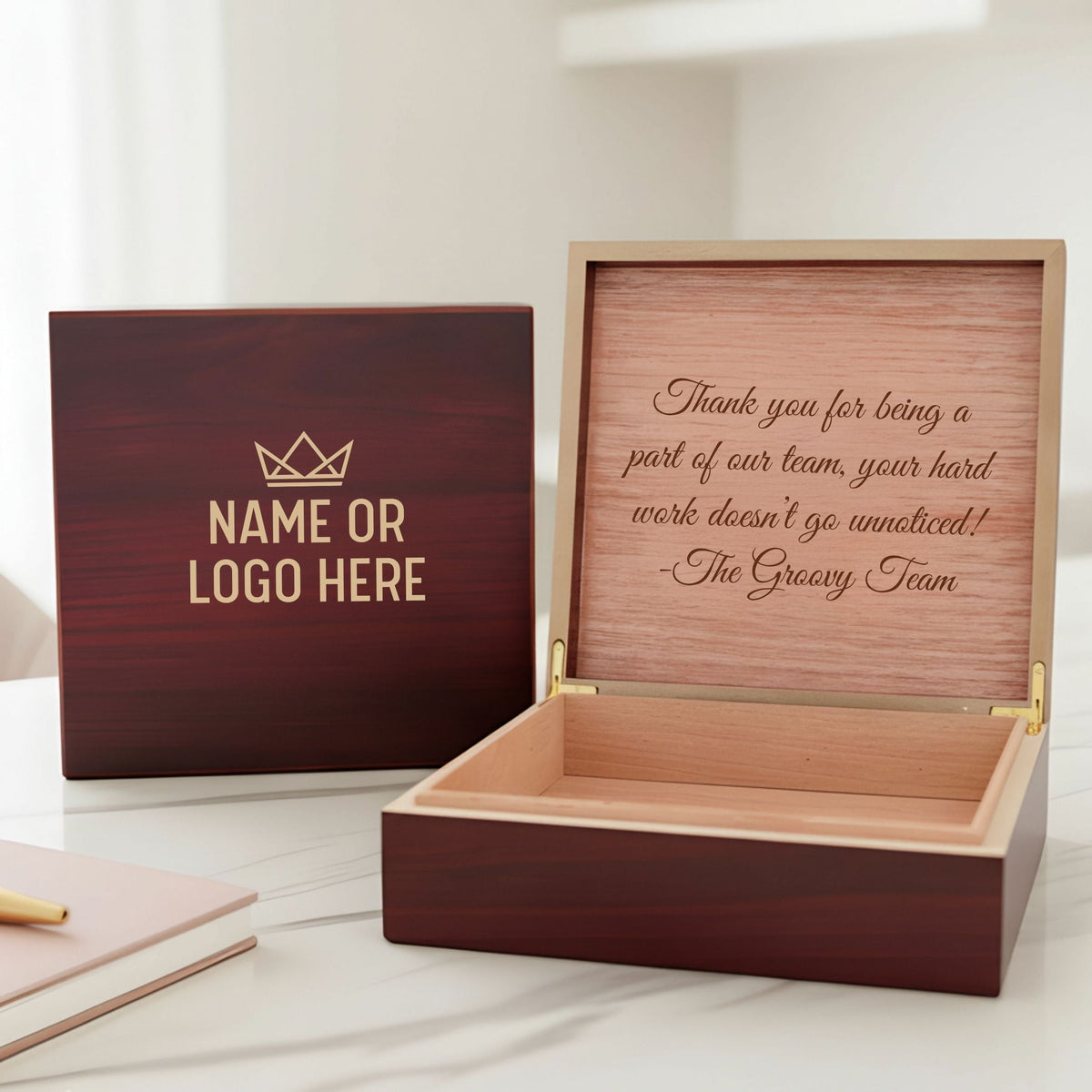 Personalized custom logo keepsake box in cherry wood, lid open showing Spanish cedar lining and an engraved team thank-you message, a thoughtful corporate gift.
