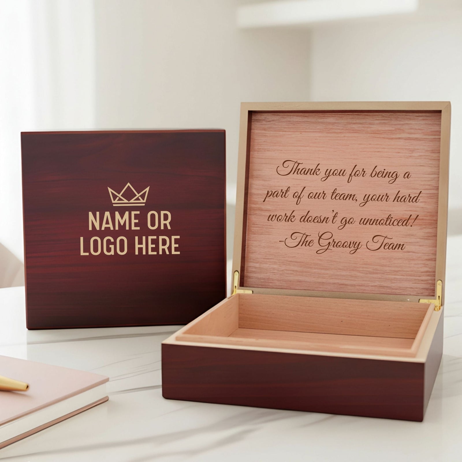 Personalized custom logo keepsake box in cherry wood, lid open showing Spanish cedar lining and an engraved team thank-you message, a thoughtful corporate gift.