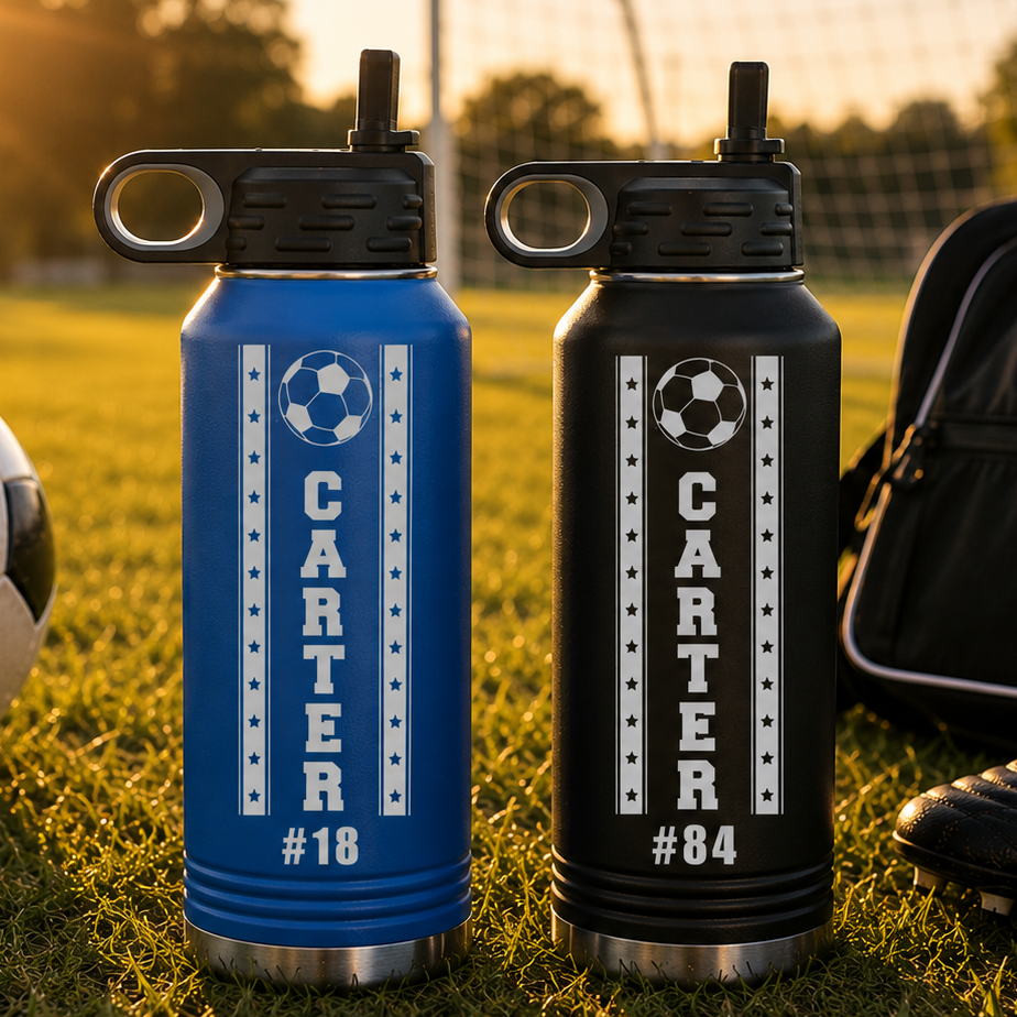Two insulated water bottles with black flip-top caps on grass field, one blue and one black, each engraved with soccer ball design, "CARTER" text, and sample jersey numbers #18 and #84