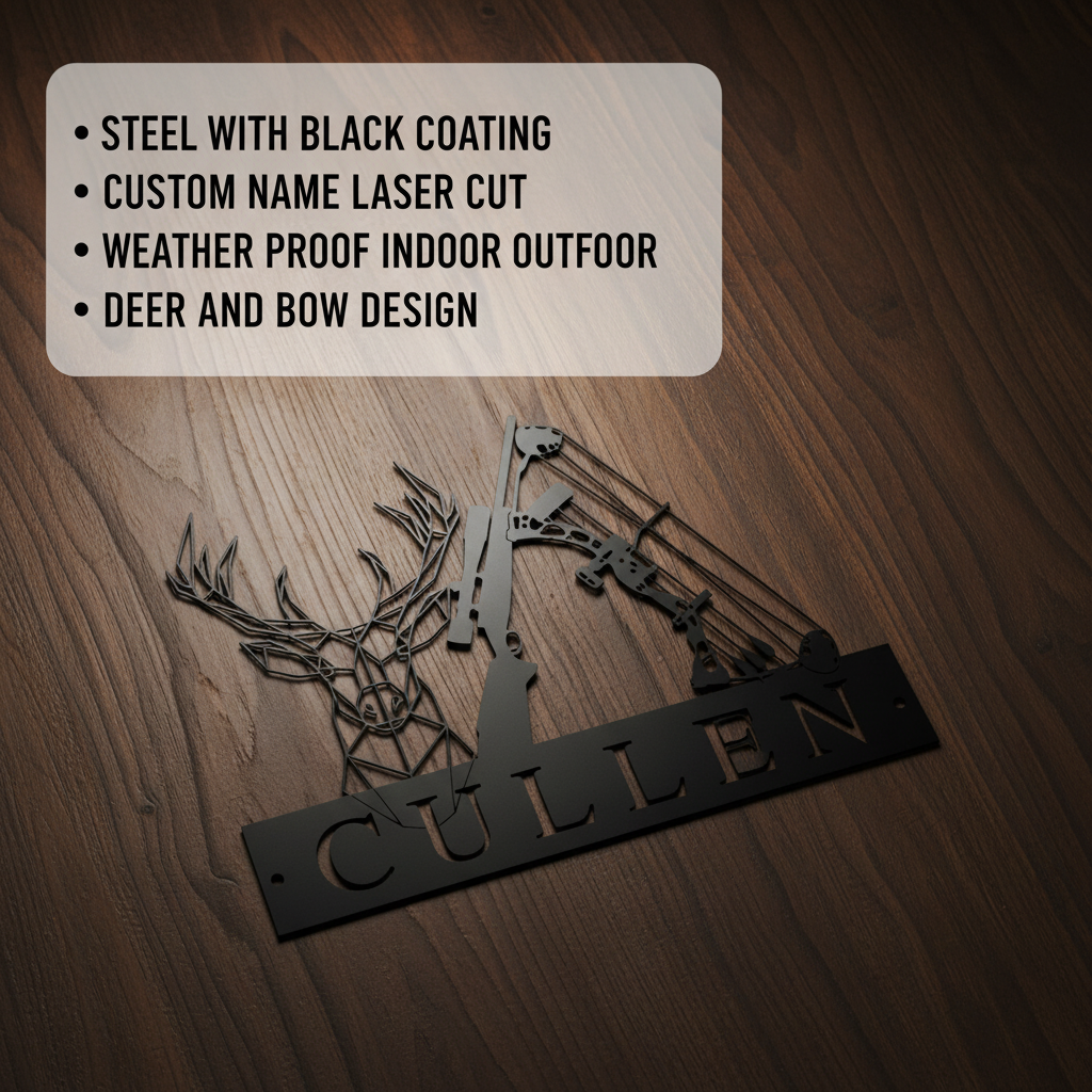 Black steel wall sign with geometric deer and bow design, laser-engraved with sample name "CULLEN" on wooden surface