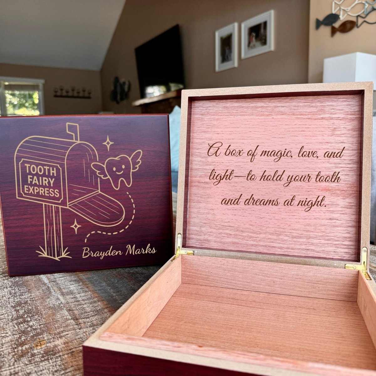 Wooden tooth fairy keepsake box with custom child’s name and engraved message