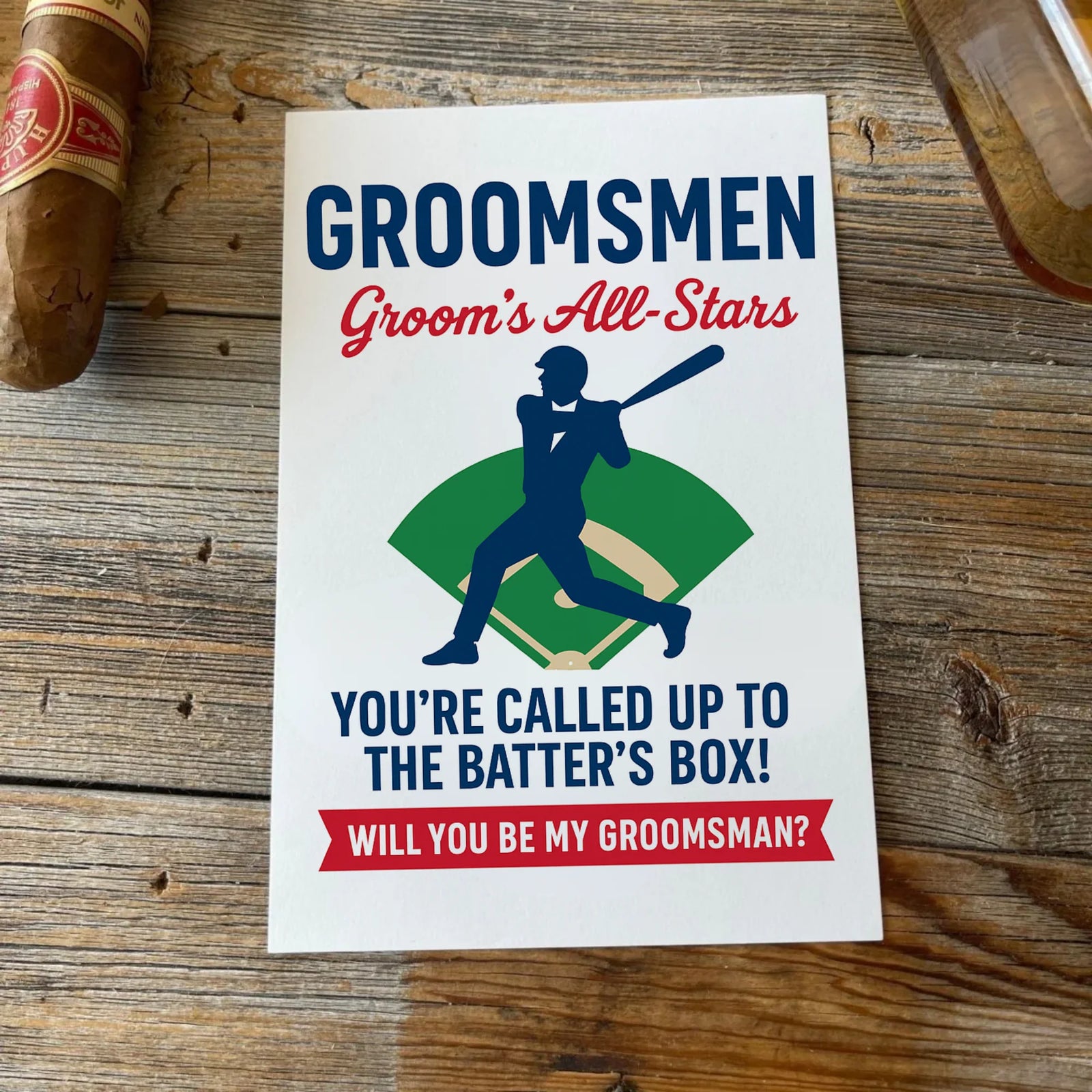 Baseball-themed groomsman proposal card with vintage design and rustic cardstock