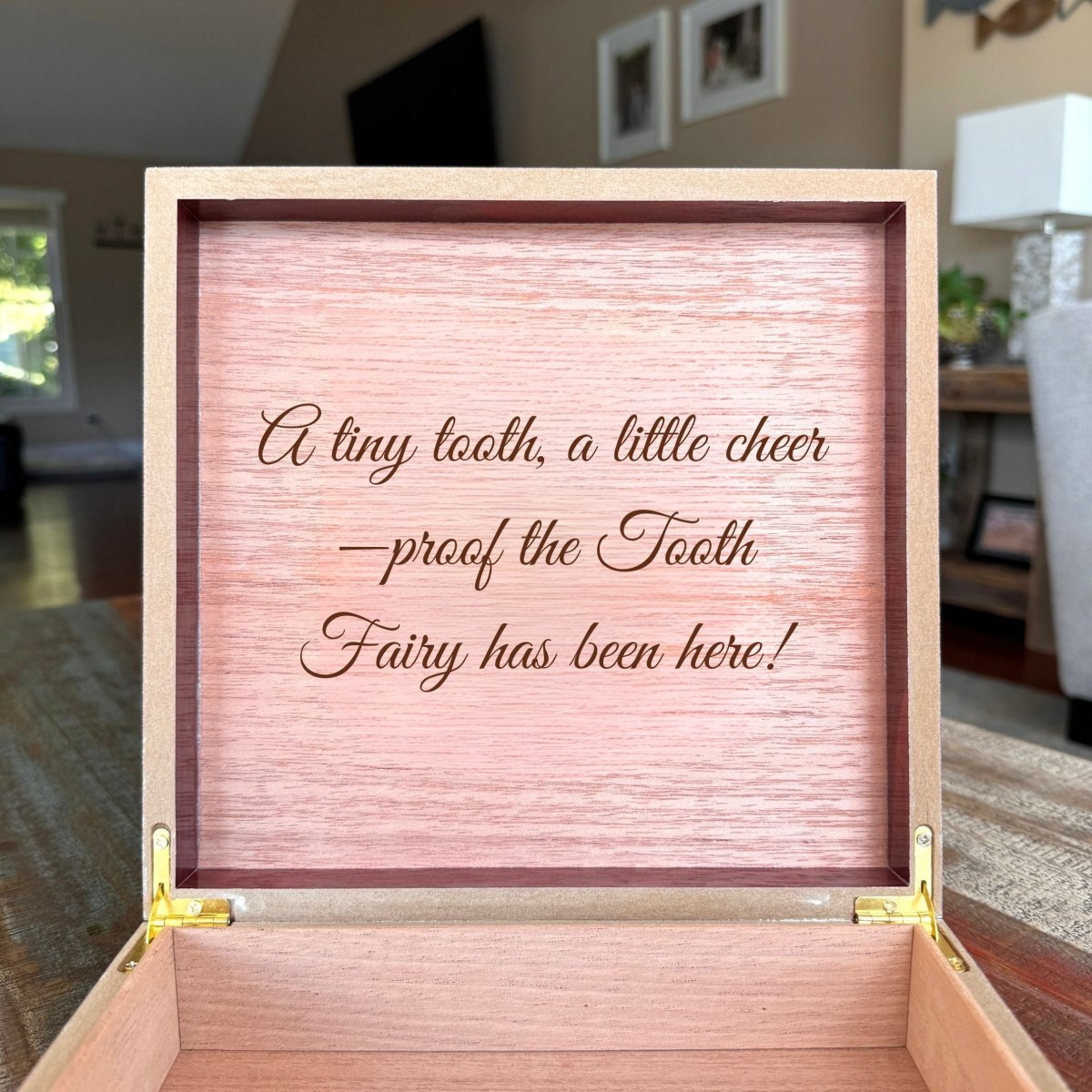 Wooden tooth fairy keepsake box with custom child’s name and engraved message