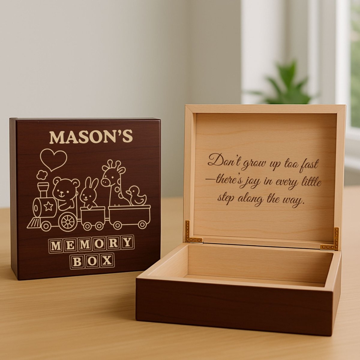 Custom engraved wooden memory box for kids with child’s name and heartfelt message inside