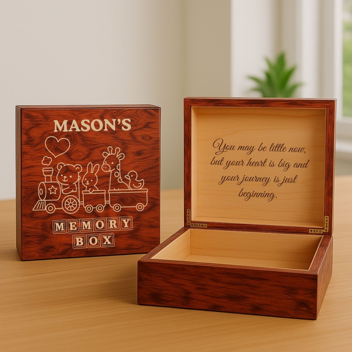 Custom engraved wooden memory box for kids with child’s name and heartfelt message inside