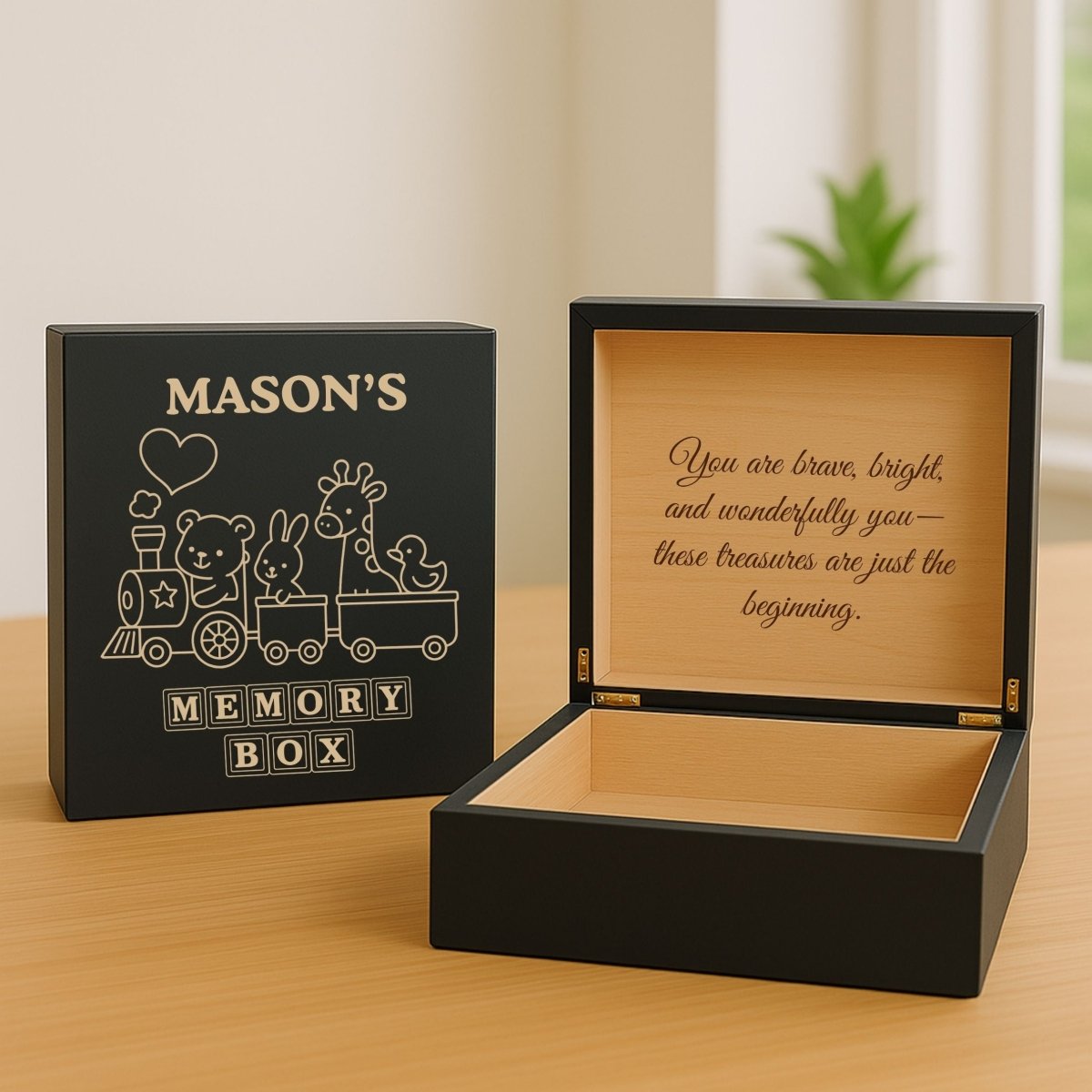 Custom engraved wooden memory box for kids with child’s name and heartfelt message inside