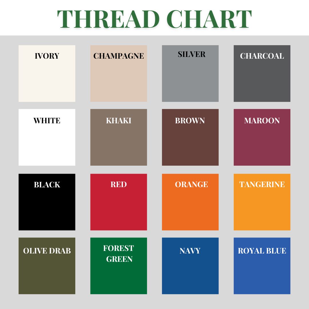 Thread color options grid displaying 16 customization choices including ivory, champagne, silver, charcoal, white, khaki, brown, maroon, black, red, orange, tangerine, olive drab, forest green, navy, and royal blue
