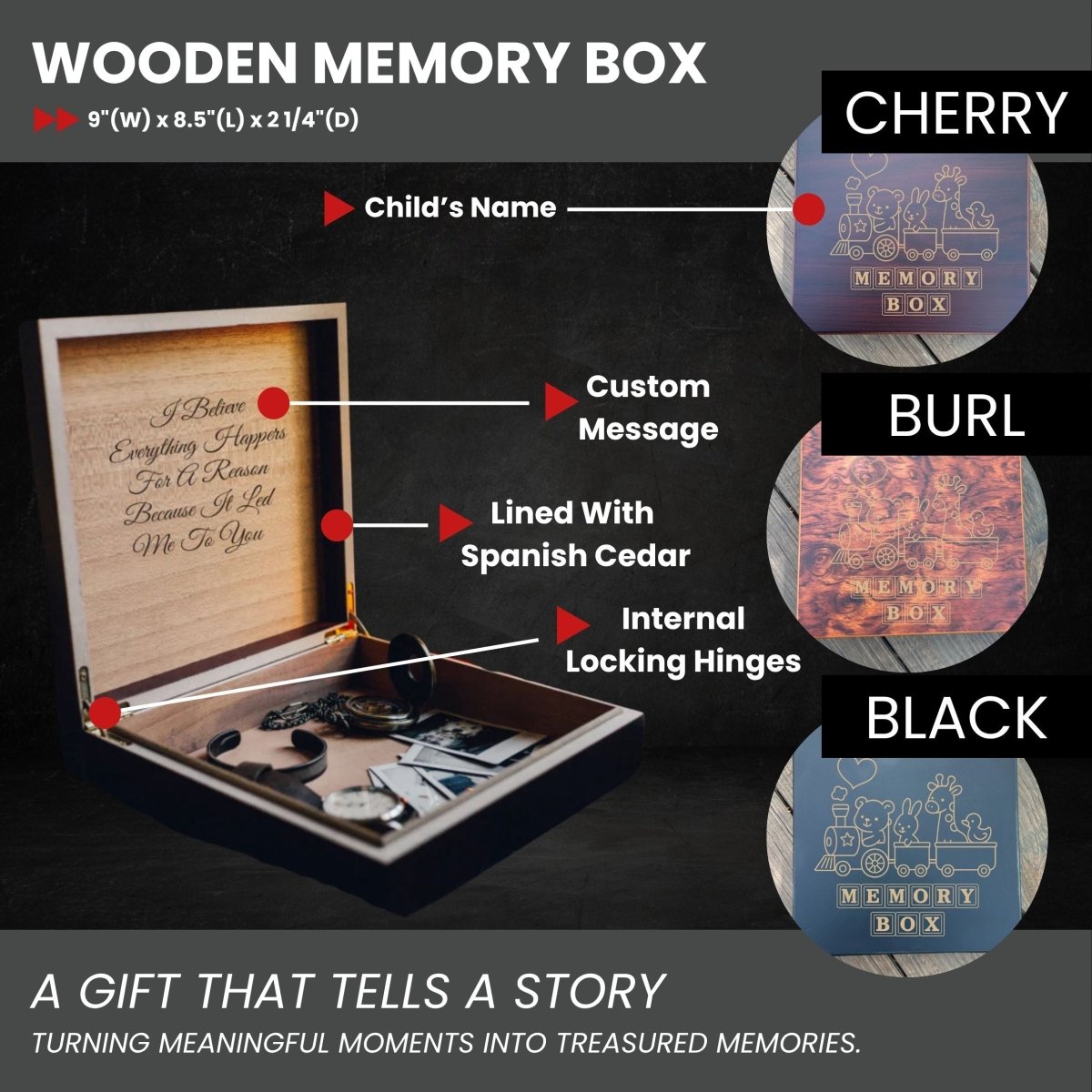 Custom engraved wooden memory box for kids with child’s name and heartfelt message inside