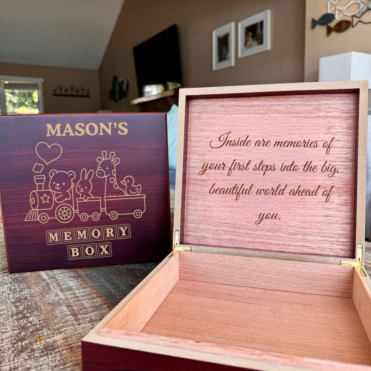 Custom engraved wooden memory box for kids with child’s name and heartfelt message inside