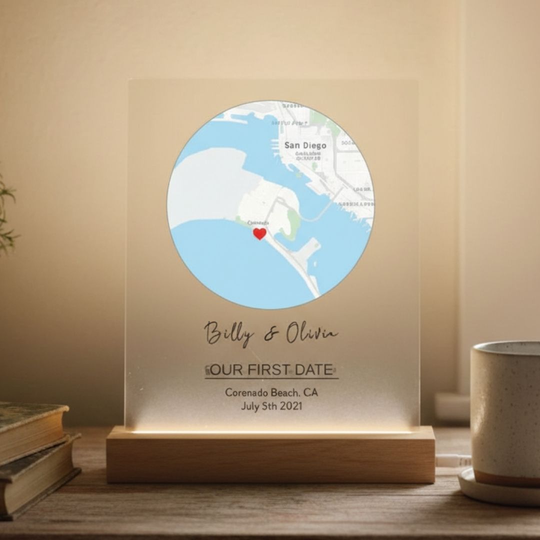 Romantic map sign Personalized Valentine’s Day gift for him with custom coordinates, names, and date, available in wood or acrylic with optional LED light stand 