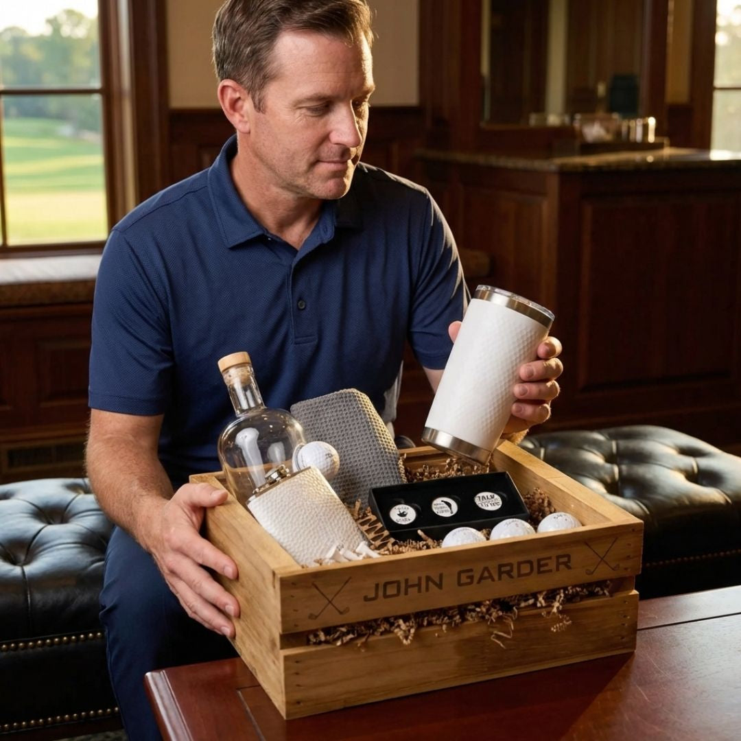 Man holding white textured tumbler and whiskey decanter from wooden gift basket engraved with sample name "JOHN GARDER" in a home library setting