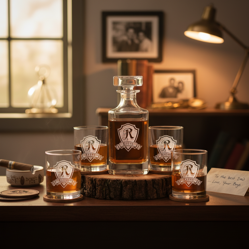 Personalized decanter set with sample monogram "R" and "REESE" shield engraving displayed on wood base with four matching whiskey glasses filled with amber liquid, styled on desk with lamp and framed photos